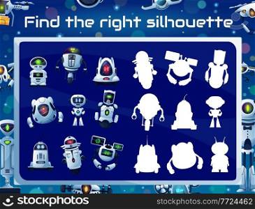Kids game with robot silhouettes, shadow matching puzzle, memory riddle or attention test. Education quiz vector template with cartoon robots, white modern bots and ai droids, drones and androids. Kids game with robot silhouettes, puzzle or riddle