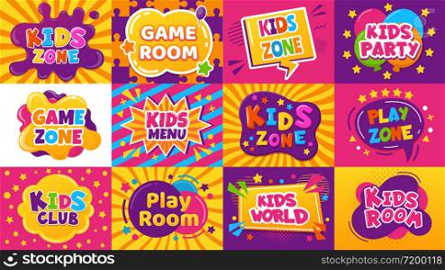 Kids game zone banner. Children game party posters, kid play area, entertainment, education room. Baby playground posters vector illustration set. Kid area for game play, menu for childen emblem. Kids game zone banner. Children game party posters, kid play area, entertainment, education room. Baby playground posters vector illustration set