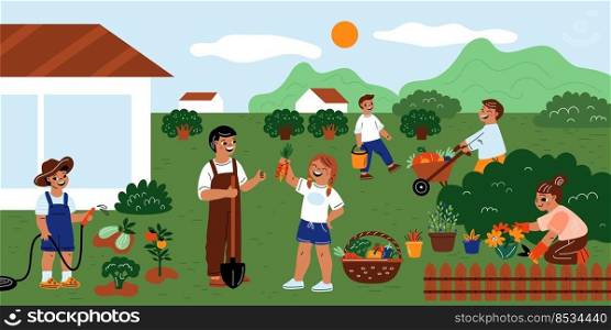 Kids garden planting. Little gardeners with father. Agriculture work. Plants and flowers care. Childrens teaching botany. Eco vacation. Teenagers picking vegetables harvest. Garish vector concept. Kids garden planting. Little gardeners with father. Agriculture work. Childrens teaching botany. Plants and flowers care. Teenagers picking vegetables harvest. Garish vector concept
