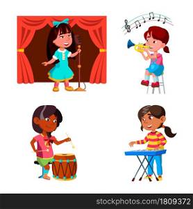 Kids Girls Playing Music Orchestra Set Vector. Kids Ladies Play On Drum, Piano Synthesizer And Trumpet Musician Instrument, Child Singing Song In Microphone On Stage. Characters Flat Cartoon Illustrations. Kids Girls Playing Music Orchestra Set Vector