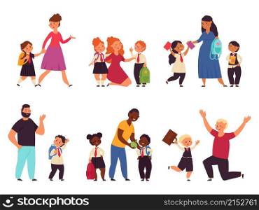 Kids go to school. Students parents, child with backpack and young mother father. Little kid run to study, cartoon family groups vector set. Illustration education school, childhood and parenthood. Kids go to school. Students parents, child with backpack and young mother father. Little kid run to study, cartoon family groups decent vector set