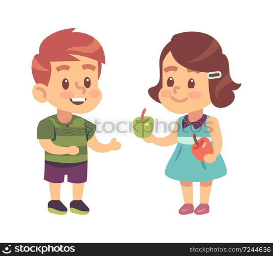 Kids good manners. Cartoon girl shares apple with boy, children respectful and thankful behavior, symbol of friendship and etiquette. Flat vector illustration isolated on white background. Kids good manners. Cartoon girl shares apple with boy, children respectful and thankful behavior, symbol of friendship. Flat vector isolated illustration