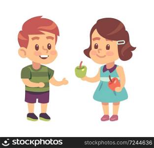 Kids good manners. Cartoon girl shares apple with boy, children respectful and thankful behavior, symbol of friendship and etiquette. Flat vector illustration isolated on white background. Kids good manners. Cartoon girl shares apple with boy, children respectful and thankful behavior, symbol of friendship. Flat vector isolated illustration
