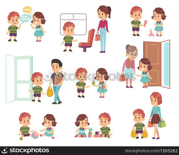 Kids good manners. Polite children in different situations, little boys and girls helping adults, respect elderly cartoon vector etiquette characters. Kids good manners. Polite children in different situations, little boys and girls helping adults, respect elderly cartoon vector characters