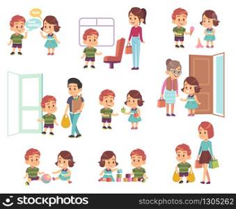 Kids good manners. Polite children in different situations, little boys and girls helping adults, respect elderly cartoon vector etiquette characters. Kids good manners. Polite children in different situations, little boys and girls helping adults, respect elderly cartoon vector characters