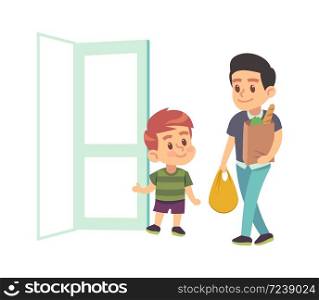 Kids good manners. Vector boy helping adult. Polite kid with good manners opening the door to man with packages. Children etiquette concept. cartoon flat vector illustration. Kids good manners. Boy helping adult. Polite kid with good manners opening the door to man. Etiquette concept. cartoon flat vector illustration