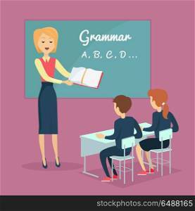 Kids grammar teaching concept vector . Illustration in flat design. Couple of kids, boy and girl, studying grammar, sitting at their desks with the teacher in the classroom. School ABC lessons.. Children s Grammar Teaching Illustration. Children s Grammar Teaching Illustration