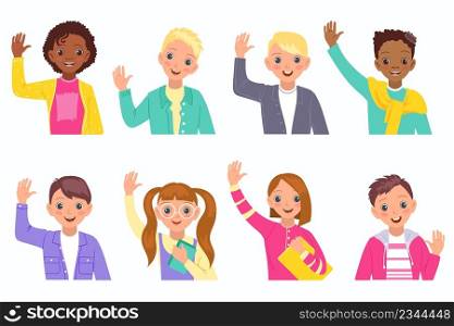 Kids greeting gesture. Happy boys and girls waving hands, funny multiethnic teenagers, young students. Cheerful, smiling waist-high people in colorful clothes, vector cartoon flat style isolated set. Kids greeting gesture. Happy boys and girls waving hands, funny multiethnic teenagers, young students. Cheerful, smiling waist-high people, vector cartoon flat style isolated set
