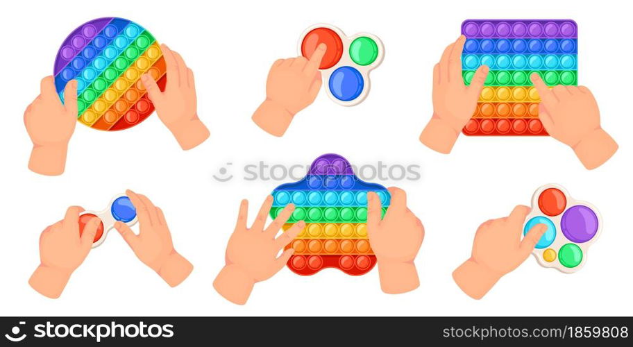 Kids hands hold pop it, playing with fidget toys. Children popping sensory game bubbles. Antistress simple dimple rainbow toys vector set of different shapes as round square and star