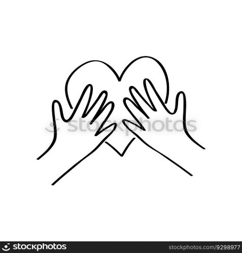 Kids hands holding heart. Charity donation, social care concept. Vollunteer logo. Outline illustration in hand drawn style isolated on white. Kids hands holding heart. Charity donation, social care concept. Vollunteer logo. Outline illustration in hand drawn style