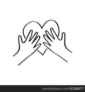 Kids hands holding heart. Charity donation, social care concept. Vollunteer logo. Outline illustration in hand drawn style isolated on white. Kids hands holding heart. Charity donation, social care concept. Vollunteer logo. Outline illustration in hand drawn style