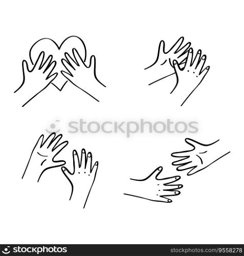 Kids hands interans set. Holding heart, reaching out to each other. Charity donation, social care, diversity concept. Vollunteer logo. Outline illustration in hand drawn style isolated on white. Kids hands interans set. Holding heart, reaching out to each other. Charity donation, social care, diversity concept. Vollunteer logo. Outline illustration in hand drawn style