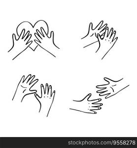 Kids hands interans set. Holding heart, reaching out to each other. Charity donation, social care, diversity concept. Vollunteer logo. Outline illustration in hand drawn style isolated on white. Kids hands interans set. Holding heart, reaching out to each other. Charity donation, social care, diversity concept. Vollunteer logo. Outline illustration in hand drawn style