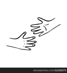 Kids hands reaching out to each other. Outline illustration in hand drawn style.. Kids hands reaching out to each other. Black and caucasian unity, diversity concept. Outline illustration in hand drawn style
