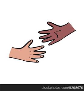 Kids hands reaching out to each other. Outline with color illustration in hand drawn style.. Kids hands reaching out to each other. Black and caucasian unity, diversity concept. Outline with color illustration in hand drawn style