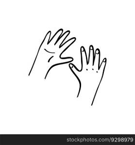 Kids hands reaching out to each other. Unity, diversity concept. Outline illustration in hand drawn style.. Kids hands reaching out to each other. Unity, diversity concept. Outline illustration in hand drawn style
