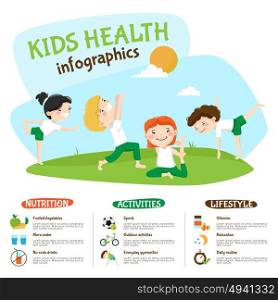 Kids Healthy Lifestyle Yoga Inforgrahic Poster. Healthy lifestyle tips for kids infographic poster webpage with children practicing yoga outdoors funny abstract vector illustration