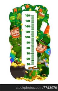 Kids height chart. Cartoon funny leprechauns and gold. Growth meter vector scale wall sticker for children height measurement with irish Saint Patricks day fairytale characters, pot, flag and garlands. Kids height chart. Cartoon leprechauns and gold