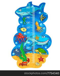 Kids height chart with cartoon sea animals, vector growth measure meter ...