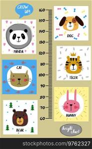 Kids height chart.Cute and funny animals, vector illustration. Kids height chart.Cute and funny animals