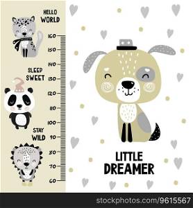 Kids height chart. Cute and funny doodle animals.Growth chart in scandinavian style. Poster template, childish print. Vector illustration