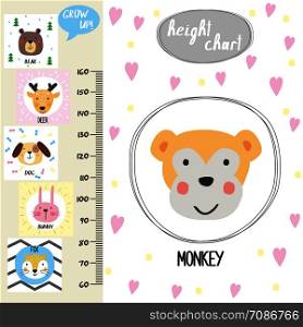 Kids height chart.Cute monkey and funny animals, vector illustration. Kids height chart.Cute monkey and funny animals