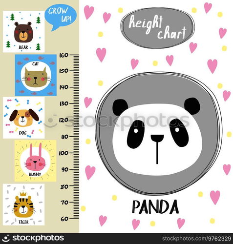 Kids height chart.Cute panda and funny animals, vector illustration. Kids height chart.Cute panda and funny animals