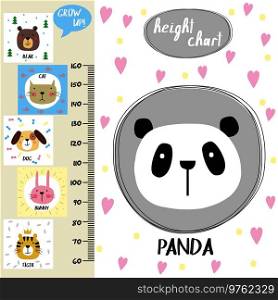 Kids height chart.Cute panda and funny animals, vector illustration. Kids height chart.Cute panda and funny animals
