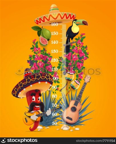 Kids height chart, mexican chili pepper growth meter with cartoon vector jalapeno mariachi with guitar, toucan, bougainville flowers and guava with agave plant. Scale for children height measurement. Kids height chart, mexican chili pepper meter
