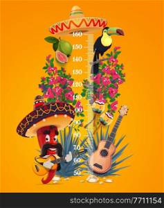 Kids height chart, mexican chili pepper growth meter with cartoon vector jalapeno mariachi with guitar, toucan, bougainville flowers and guava with agave plant. Scale for children height measurement. Kids height chart, mexican chili pepper meter