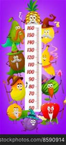 Kids height chart ruler with cartoon fruit magicians and wizards. Kids height ruler, child growth vector meter with pineapple, lemon and guava, kiwi, banana and watermelon, mango, orange personages. Kids height chart with cartoon fruit magicians