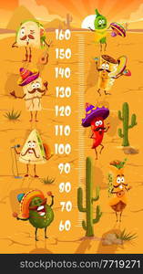 Kids height chart with cartoon mexican avocado, enchilada and quesadilla, tacos and burrito, churros characters. Children growth meter, child height measure vector ruler with mexican fast food meals. Kids height chart with cartoon mexican fast food