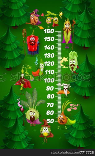 Kids height chart with cartoon wizard vegetables, vector growth meter. Kids height chart or measure scale with pepper and tomato vegetable wizards, onion and corn magicians, olives with magic wands. Kids height chart with cartoon wizard vegetables