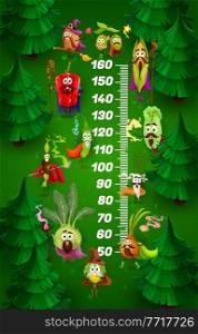 Kids height chart with cartoon wizard vegetables, vector growth meter. Kids height chart or measure scale with pepper and tomato vegetable wizards, onion and corn magicians, olives with magic wands. Kids height chart with cartoon wizard vegetables