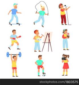 Kids hobbies. Boys and girls with objects of favorite activities, sports and creativity, children interests teenagers athletes, musicians and artists lifestyle. Leisure time vector cartoon set. Kids hobbies. Boys and girls with objects of favorite activities, sports and creativity, children interests, teenagers athletes, musicians and artists lifestyle. Leisure time vector cartoon flat set