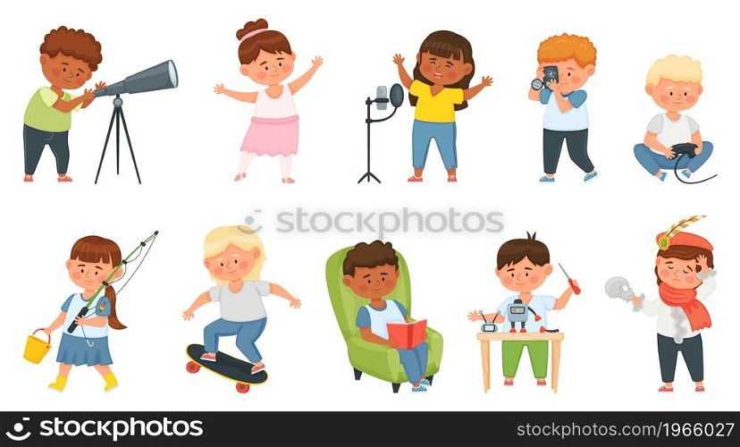 Kids hobbies, cartoon children doing different creative activities. Child characters singing, reading, skateboarding, building robot vector set. Boys and girls spending leisure time