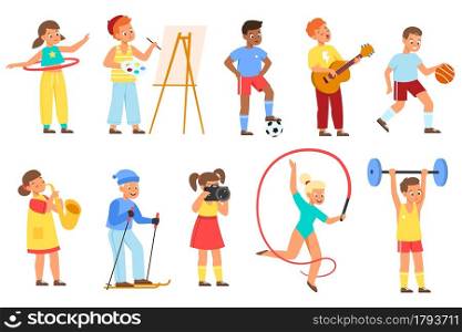 Kids hobbies. Young athletes, musicians and artists, teenagers hold various different objects, children activities and interests. Sports, drawing and leisure time. Vector cartoon flat isolated set. Kids hobbies. Young athletes, musicians and artists, teenagers hold different objects, children activities and interests. Sports, drawing and leisure time. Vector cartoon flat isolated set
