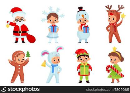 Kids hold christmas gifts. Smiling boys and girls in new year holiday costumes with different presents and traditional xmas elements. Santa claus, deer and elf, Vector cartoon flat style isolated set. Kids hold christmas gifts. Smiling boys and girls in new year holiday costumes with different presents and xmas elements. Santa claus, deer and elf, Vector cartoon flat style isolated set
