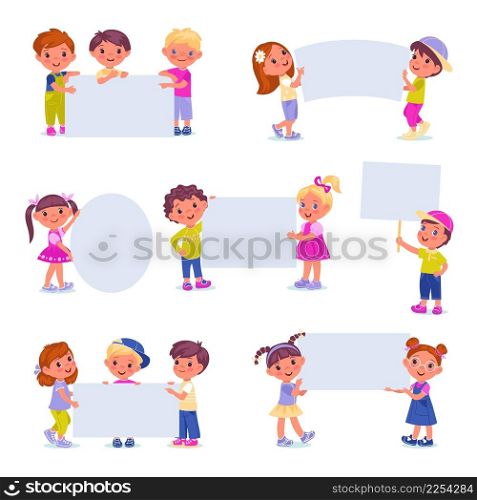 Kids holding banners. Funny girls and boys with blank posters different shapes, cute children with big paper sheets, white advertising placards with copy space, vector cartoon flat style isolated set