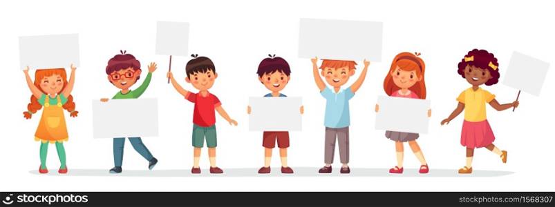 Kids holding banners. Vector boy and girl with empty banner, illustration cartoon school kid and board for text. Kids holding banners. Vector boy and girl