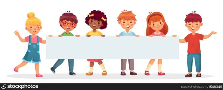 Kids holding big blank banner. Cheerful diverse children laughing and smiling. Template for advertising with empty place for text. Happy boys and girls with paper vector illustration. Kids holding big blank banner. Cheerful diverse children laughing and smiling. Template for advertising