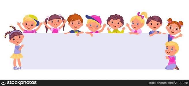 Kids holding big poster. Funny children hold long blank banner. Place for messages. Cute boys and girls with empty placard. Rectangular billboard template. Happy preschool activists. Vector concept. Kids holding big poster. Funny children hold long blank banner. Place for messages. Boys and girls with empty placard. Rectangular billboard template. Preschool activists. Vector concept
