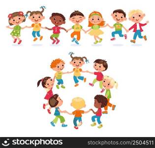 Kids holding hands. Childish chain and circle. Funny boys and girls lead round dance. Kindergarten game. Friendship and togetherness. Multicultural communication. Vector cute cartoon characters set. Kids holding hands. Childish chain and circle. Boys and girls lead round dance. Kindergarten game. Friendship and togetherness. Multicultural communication. Vector cartoon characters set