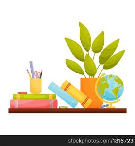 Kids home workplace. Books and stationery on the table. Education concept. Vector illustration.