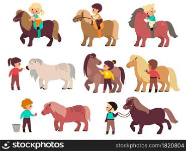 Kids horses. Cute children and little ponies characters, boys and girls rides, young jockeys and small equines, animals therapy. Feed and take care of pets. Vector cartoon flat isolated mammals set. Kids horses. Cute children and little ponies characters, boys and girls rides, young jockeys and small equines, animals therapy. Feed and take care of pets. Vector cartoon flat isolated set