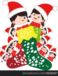 kids huddled toghether inside a christmas stocking