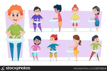 Kids hygiene. Happy little children washing hands cleaning body in water exact vector characters set. Children antibacterial washing and cleaning illustration. Kids hygiene. Happy little children washing hands cleaning body in water exact vector characters set