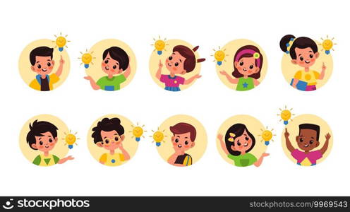 Kids idea l&. Happy cute children in round frames with ideas and l&s sings, little pupils boys and girls founded right solution, imagination and innovation symbol vector flat cartoon isolated set. Kids idea l&. Happy cute children in round frames with ideas and l&s sings, little pupils boys and girls founded right solution, imagination and innovation symbol vector cartoon set