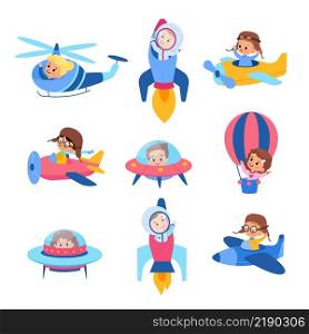 Kids in air transport. Happy children fly in airplanes, rockets and helicopters, boys and girl little pilots, young travelers, bright nursery decor simple objects, vector cartoon flat isolated set. Kids in air transport. Happy children fly in airplanes, rockets and helicopters, boys and girl little pilots, young travelers, bright nursery decor, vector cartoon flat isolated set