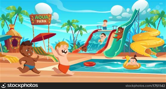 Kids in aquapark, amusement aqua park with water attractions, boys riding slide, girl swimming in pool on inflatable ring, outdoor playground for children entertainment, Cartoon vector illustration. Kids in aquapark, amusement aqua park attractions